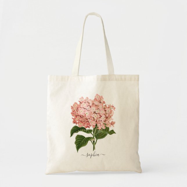 Floral Blush Hydrangea Botanical Personalized Tote Bag (Front)