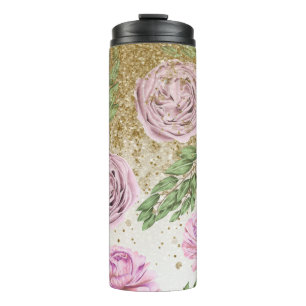 *~* Floral Blush Lavender PEONY Gold Glitter Thermal Tumbler
