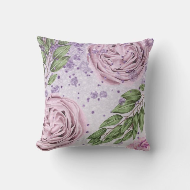 *~* Floral Blush Lavender PEONY Purple Glitter  Throw Pillow (Front)