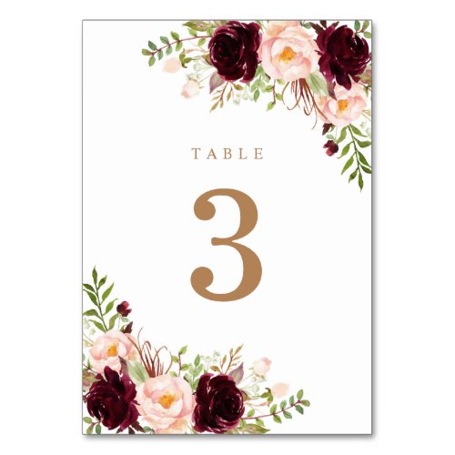Floral Blush Merlot Burgundy Berry Greenery Modern Table Number