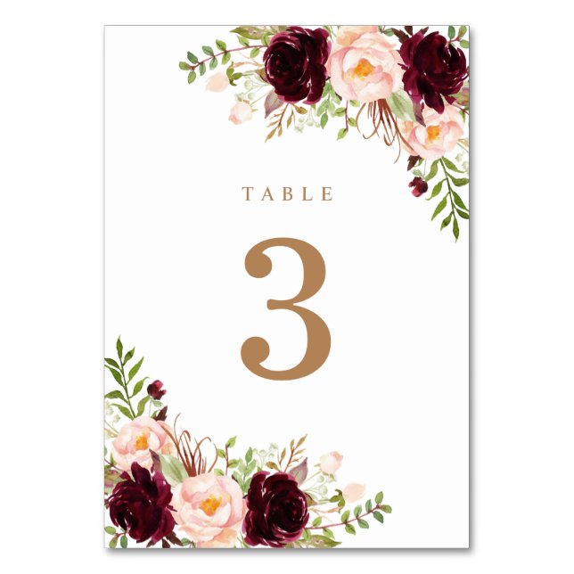 Floral Blush Merlot Burgundy Berry Greenery Modern Table Number (Back)