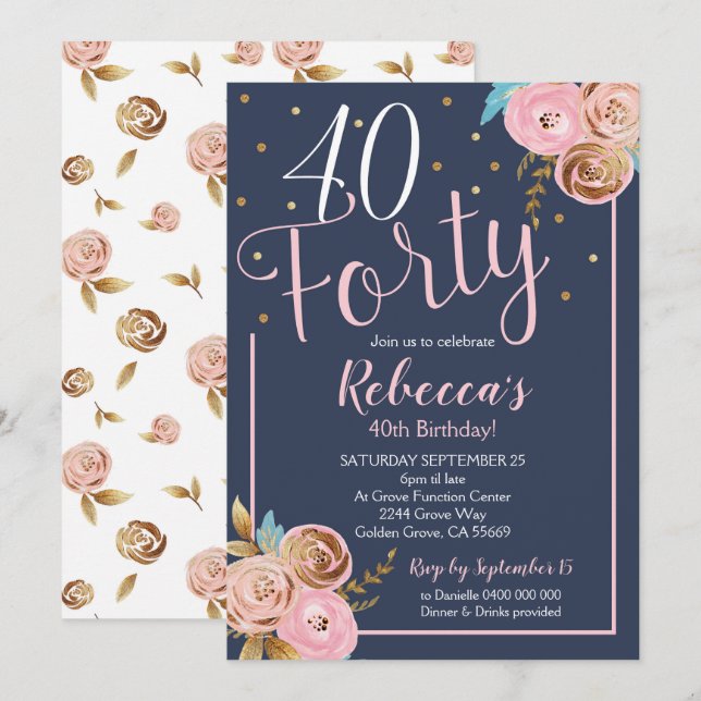 Floral Blush Navy 40th Birthday Invitation 40th (Front/Back)