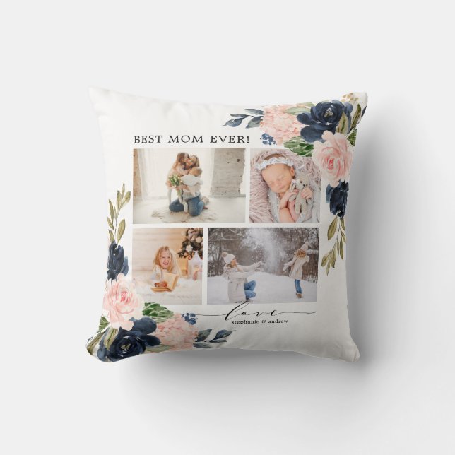 Floral Blush Navy Best Mom Photo Collage Throw Pillow (Front)