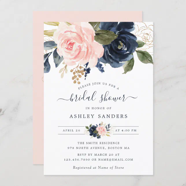 Floral Blush Navy Elegant Bridal Shower Invitation | Zazzle