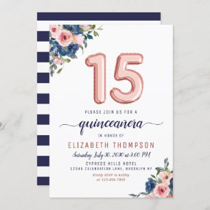Floral Blush Navy Rose Gold Balloons Quinceañera Invitation