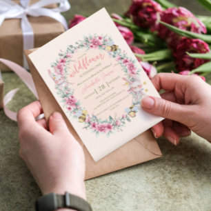 Floral Blush Peach Cute Bunny Girl First Birthday Invitation