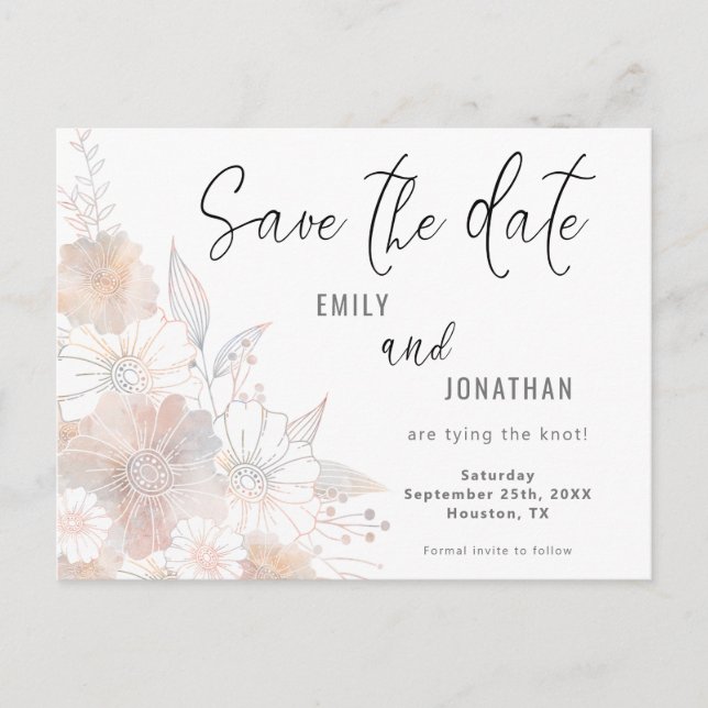 Floral Blush Peach Gray Wedding Save The Date Postcard (Front)