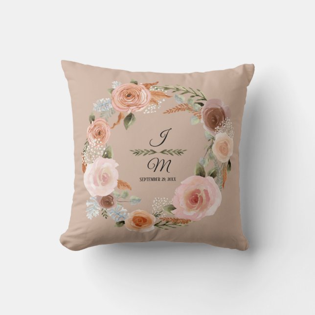 Floral Blush Peach Watercolor Eucalyptus Greenery Throw Pillow (Front)