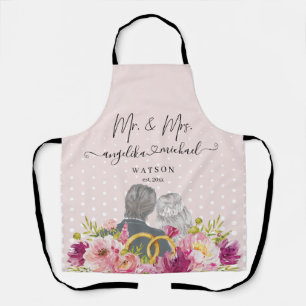 Floral Blush Peonies Trendy Script Mr. and Mrs.  Apron