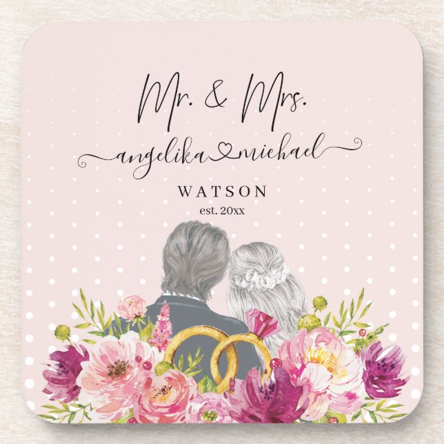 Floral Blush Peonies Trendy Script Mr. and Mrs. Beverage Coaster (Front)