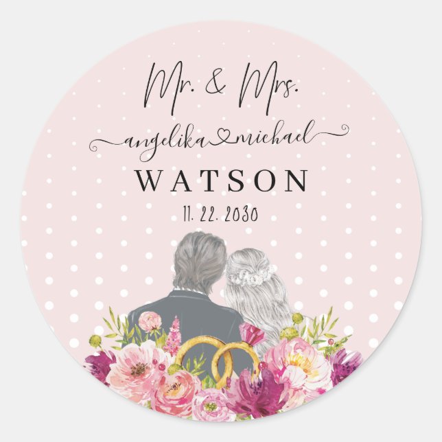 Floral Blush Peonies Trendy Script Mr. and Mrs. Classic Round Sticker (Front)