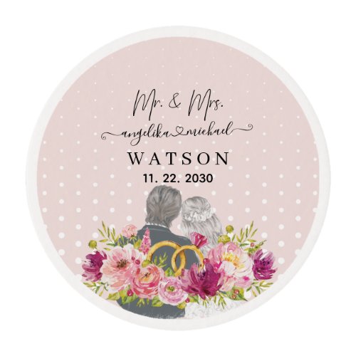 Floral Blush Peonies Trendy Script Mr and Mrs Edible Frosting Rounds