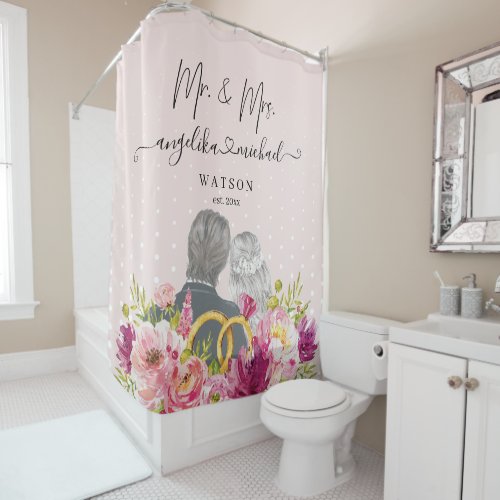 Floral Blush Peonies Trendy Script Mr and Mrs Shower Curtain