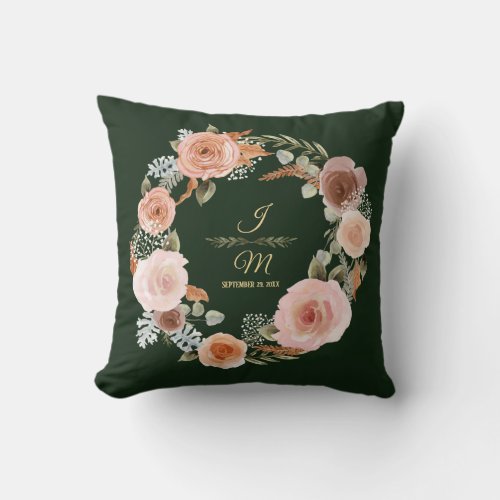 Floral Blush Peony Leaves Watercolor Forest Green Throw Pillow