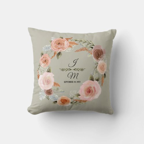 Floral Blush Peony Sage Watercolor Leaf Greenery Throw Pillow
