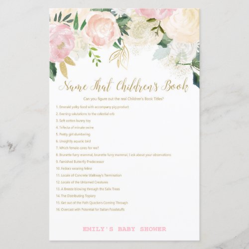 Floral Blush Pink and Gold Baby Shower Game PRINT