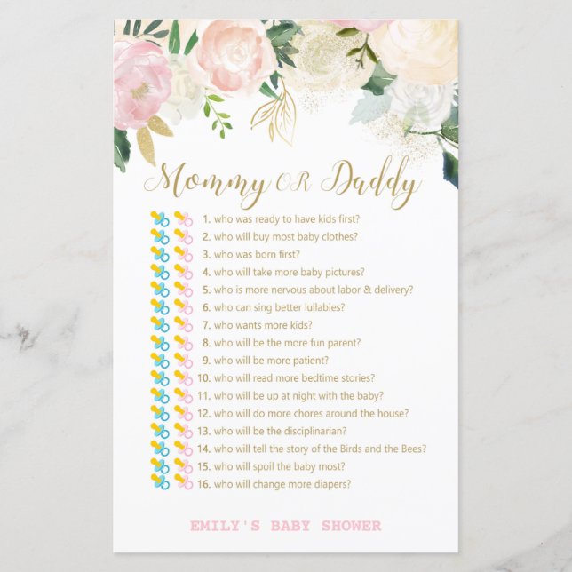 Floral Blush Pink and Gold Baby Shower Game PRINT (Front)