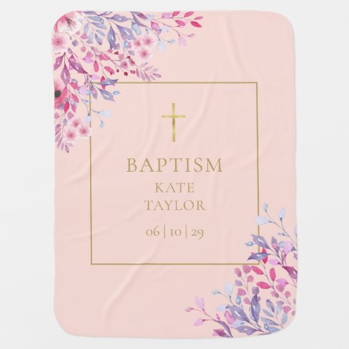 Floral Blush Pink And Gold Baptism Christening Baby Blanket