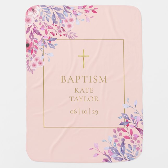 Floral Blush Pink And Gold Baptism Christening Baby Blanket (Front)