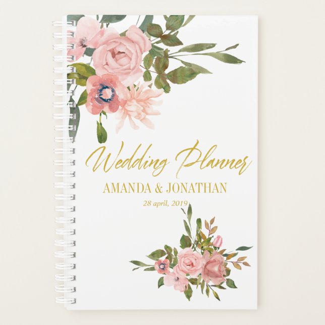 Floral Blush Pink and Gold Wedding Planner (Front)