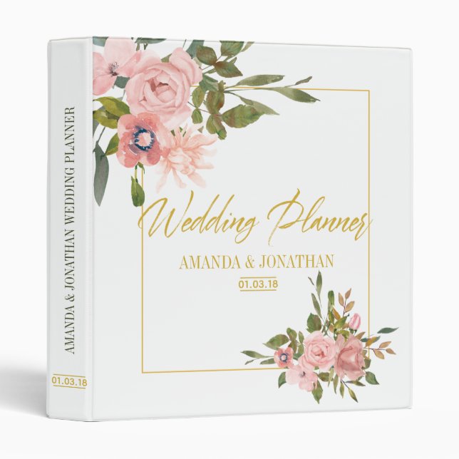Floral Blush Pink and Gold Wedding Planner 3 Ring Binder (Front/Spine)
