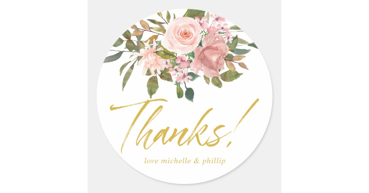 Floral Blush Pink and Gold Wedding Thank You Classic Round Sticker | Zazzle