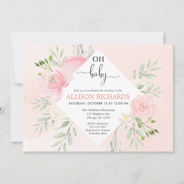 Floral blush pink and greenery girl baby shower invitation (Front)