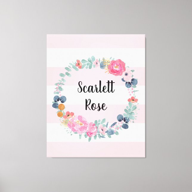 Floral Blush Pink Baby Girl Personalized Nursery Canvas Print (Front)
