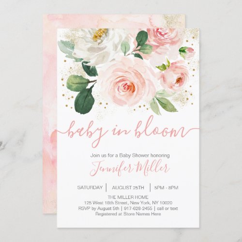 Floral Blush Pink Baby In Bloom Baby Shower Invitation