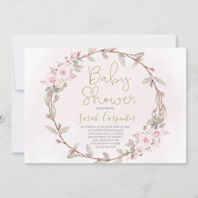 Floral blush pink baby shower girl invitation (Front)