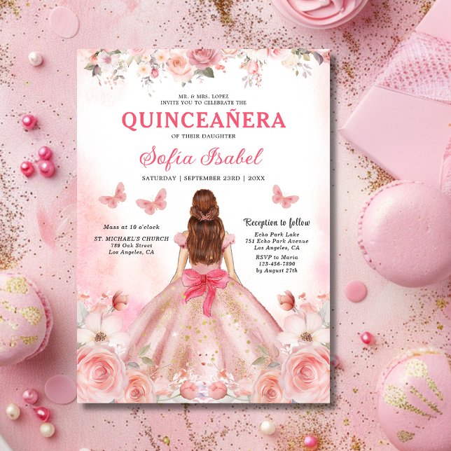 Floral Blush Pink Bilingual Spanish Quinceanera Invitation (Creator Uploaded)