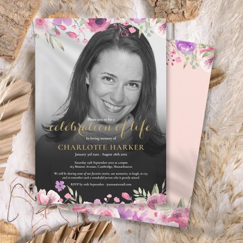 Floral Blush Pink Black and White Photo Funeral Invitation