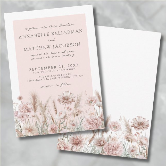 Floral Blush Pink Boho Wedding Invitation (Botanical Pampas Floral Blush Pink Boho Wedding Invitation)