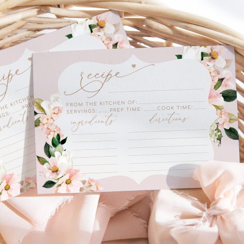 Floral blush pink bridal shower recipe card
