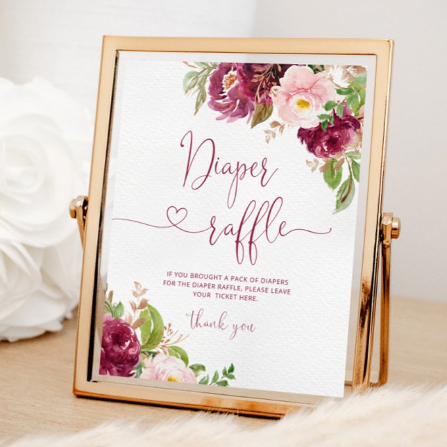 Floral blush pink burgundy diaper raffle Poster (Creator Uploaded)