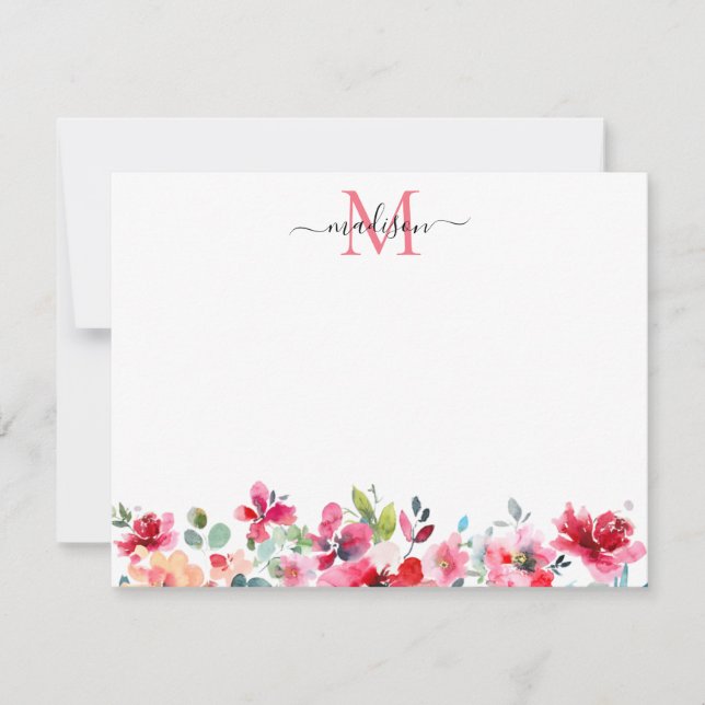 Floral Blush Pink Burgundy Red Rose Peony Monogram Note Card (Front)