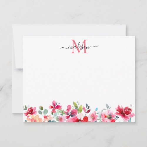 Floral Blush Pink Burgundy Red Rose Peony Monogram Note Card