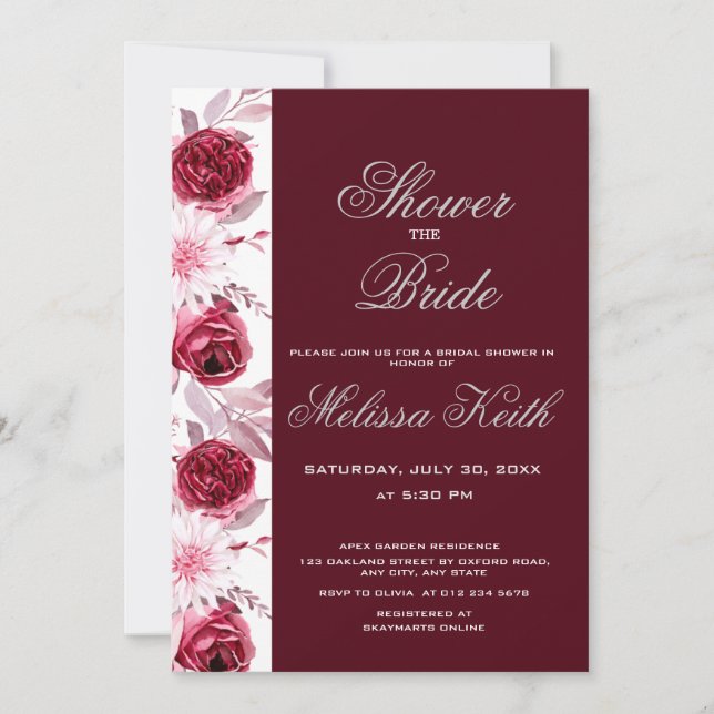 Floral Blush Pink Burgundy Script Bridal Shower Invitation (Front)