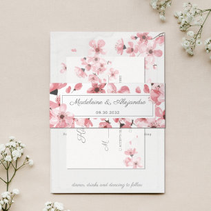 Floral blush pink cherry blossoms romantic wedding invitation belly band