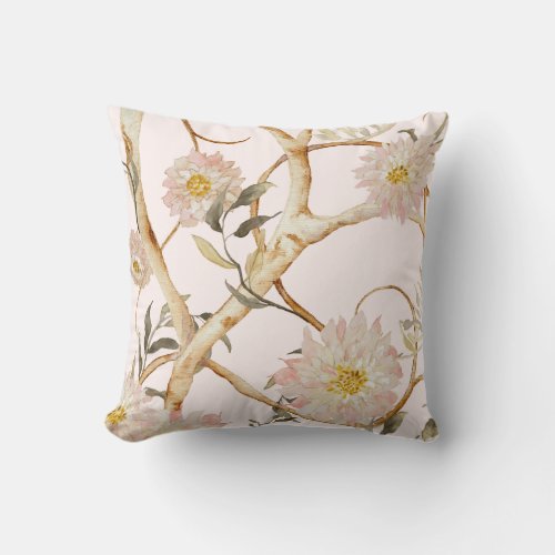 Floral Blush Pink Chinoiserie Watercolor Decor  Throw Pillow
