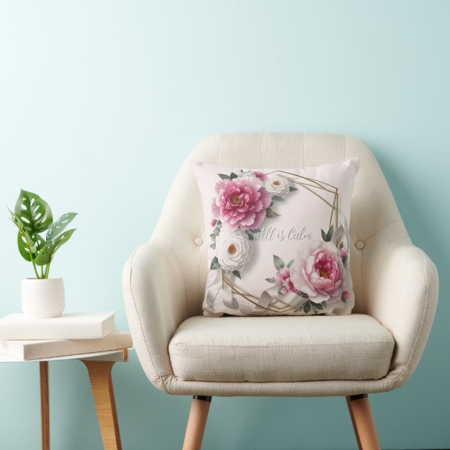 Floral Blush Pink Christmas All is Calm Throw Pillow (Chair)