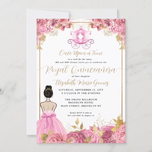 Floral Blush Pink Cinderella Royal Quinceanera Invitation