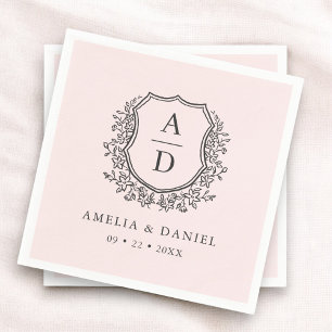 Floral Blush Pink Crest Wedding Monogram Napkins