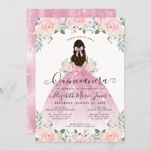 Floral Blush Pink Dress 15th Birthday Quinceanera Invitation