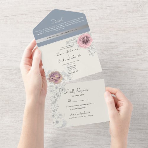 Floral Blush Pink Dusty Blue Wedding All In One Invitation