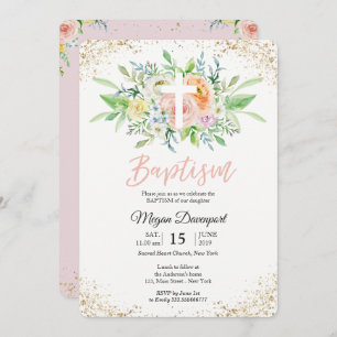 Floral blush pink elegant Baptism Invitation