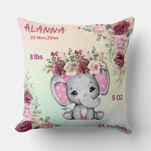 Floral Blush Pink Elephant Baby Birth Stats Throw Pillow (Front)