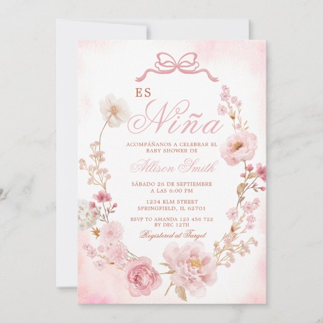 Floral Blush Pink Es Nina Spanish Baby Shower Invitation (Front)