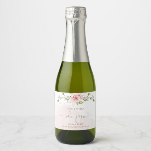 Floral blush pink eucalyptus pop it when she pops sparkling wine label