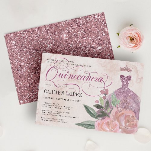 Floral Blush Pink Glitter Princess Quinceanera Invitation